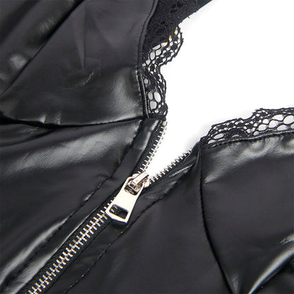 Body in pelle nera SUBBLIME BODIES con zip, modello S/M, visibile dettaglio della chiusura e del tessuto lucido.