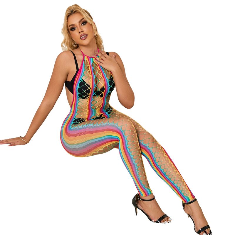Bodystocking SUBBLIME con collo alto in rete arcobaleno, taglia XS/M, mostrata indossata con dettagli trasparenti e motivo colorato.