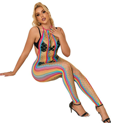 Bodystocking SUBBLIME con collo alto in rete arcobaleno, taglia XS/M, mostrata indossata con dettagli trasparenti e motivo colorato.