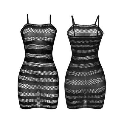Vestito a rete SUBBLIME DRESSES con strisce nere, taglia unica, visibile in dettaglio su sfondo neutro.