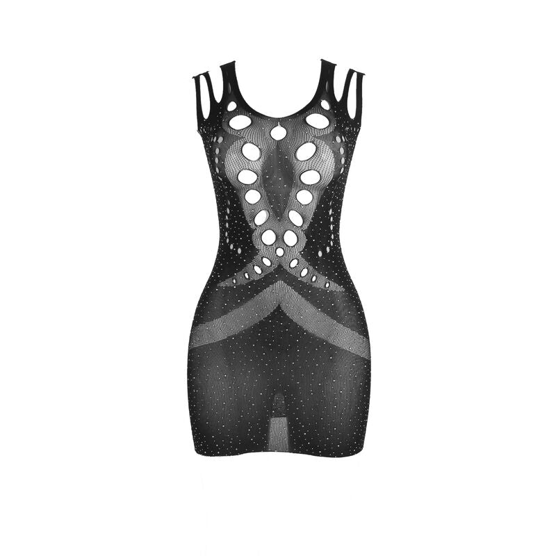 Vestito a rete nero SUBBLIME DRESSES con dettagli di diamanti brillanti, taglia unica, indossato su una modella.
