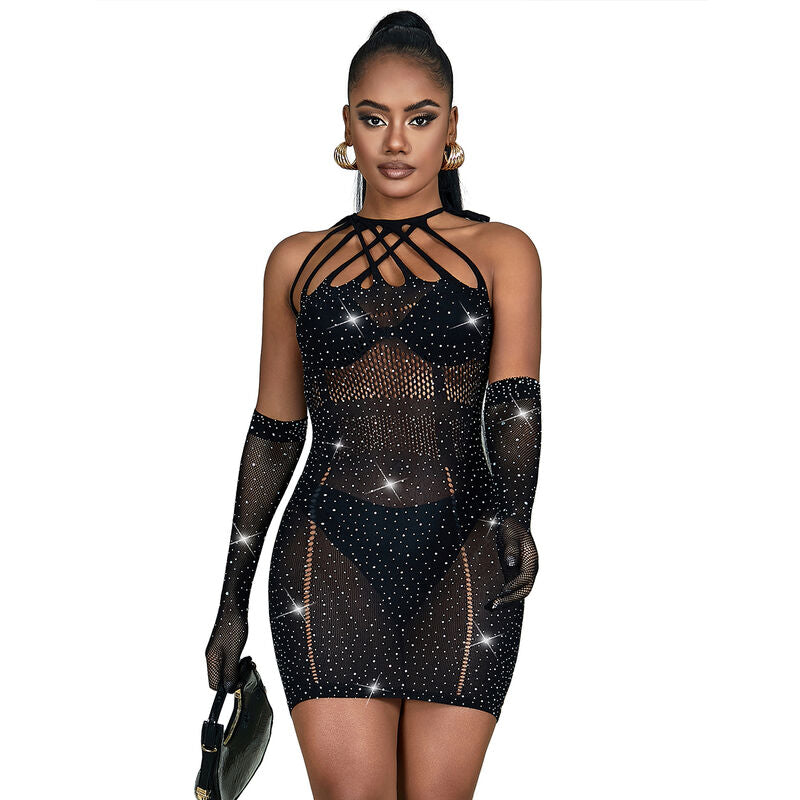 Abito nero a rete con strass di SUBBLIME DRESSES, taglia unica, dettagli scintillanti e tessuto elegante.