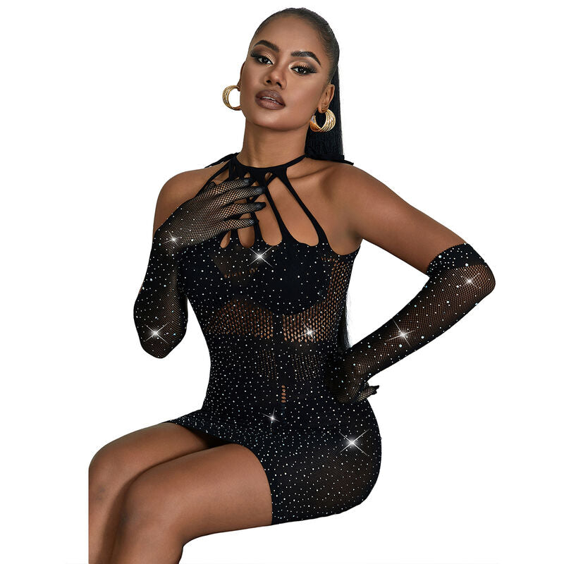 Abito a rete nero con strass della collezione SUBBLIME DRESSES, taglia unica, dettagli eleganti e tessuto trasparente.