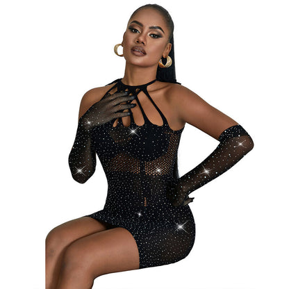 Abito a rete nero con strass della collezione SUBBLIME DRESSES, taglia unica, dettagli eleganti e tessuto trasparente.