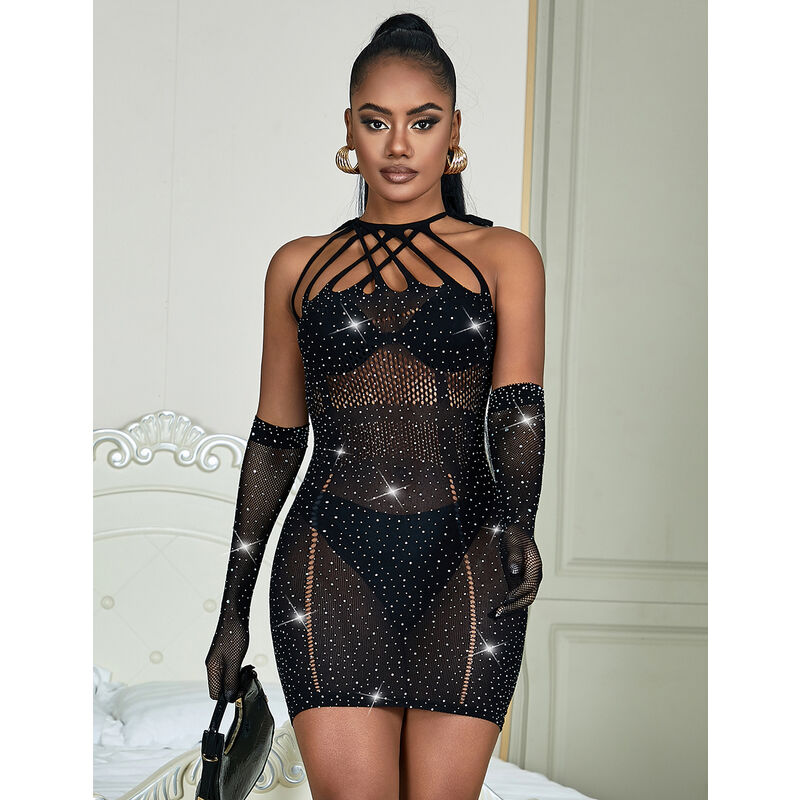 Abito a rete nero con strass SUBBLIME Dresses, taglia unica, dettagli eleganti e tessuto trasparente, visibile in primo piano.