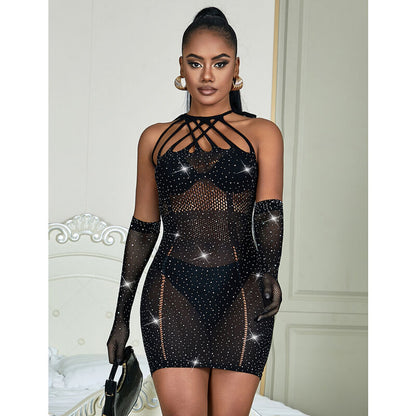 Abito a rete nero con strass SUBBLIME Dresses, taglia unica, dettagli eleganti e tessuto trasparente, visibile in primo piano.