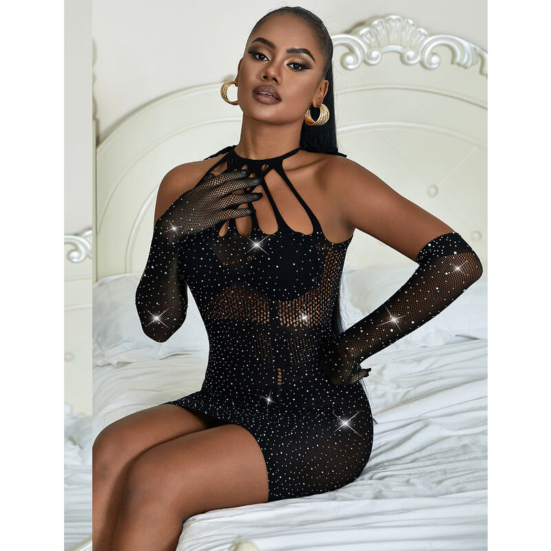 Abito a rete nero con strass di SUBBLIME DRESSES, taglia unica, dettaglio di tessuto trasparente e decorazioni scintillanti