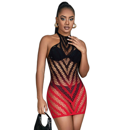Vestito elastico a rete degradé rosso e nero SUBBLIME DRESSES, taglia unica, con dettagli in tessuto a rete colorata.