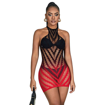 Vestito elastico a rete degradata SUBBLIME DRESSES con motivo rosso e nero, taglia unica, visibile con dettagli di tessuto e design.