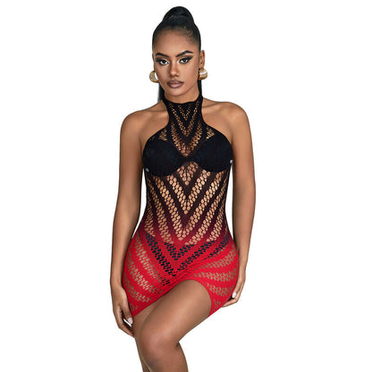 Vestito elastico a rete degradata rosso e nero SUBBLIME DRESSES, taglia unica, con dettagli in tessuto trasparente e stile moderno.