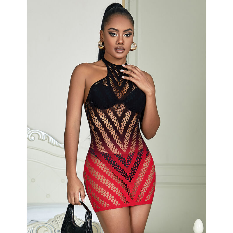 Vestito elastico a rete degradata rosso e nero di SUBBLIME DRESSES, taglia unica, dettagli traslucidi e stile moderno.