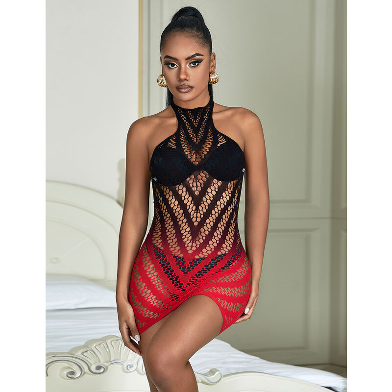 Vestito elastico a rete degradata rosso e nero SUBBLIME DRESSES, taglia unica, con design aderente e dettagli colorati.