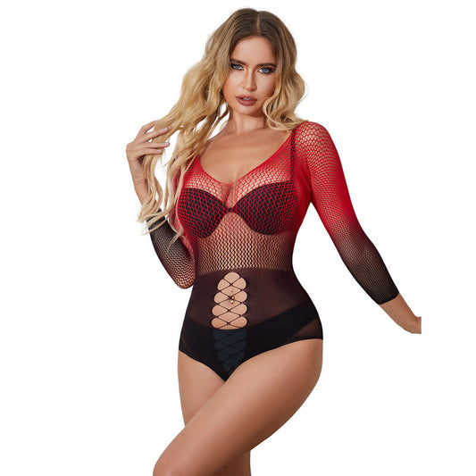 Vestito elastico a rete SUBBLIME con maniche lunghe e sfumature rosso e nero, taglia unica, visibile in dettaglio nell'immagine.