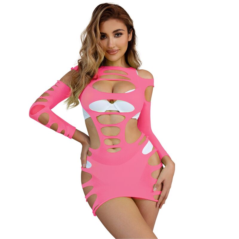 Vestito elastico a rete rosa a maniche lunghe SUBBLIME DRESSES, taglia unica, con dettagli in tessuto elasticizzato.