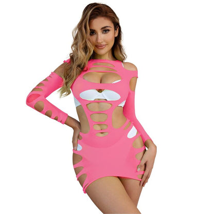 Vestito elastico a rete rosa a maniche lunghe SUBBLIME DRESSES, taglia unica, con dettagli in tessuto elasticizzato.