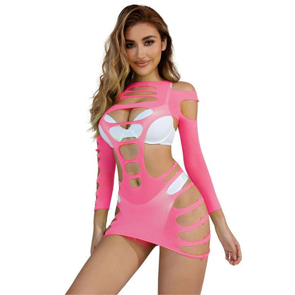Vestito elastico a rete rosa SUBBLIME DRESSES con maniche lunghe, taglia unica, morbido e aderente, ideale per look di moda.