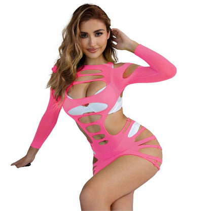 Vestito elastico a rete rosa SUBBLIME DRESSES con maniche lunghe, taglia unica, tessuto morbido e aderente.