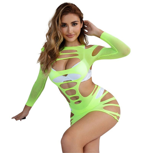 Vestito elasticizzato a rete verde SUBBLIME DRESSES con maniche lunghe, taglia unica, dettaglio tessuto trasparente e modello aderente.