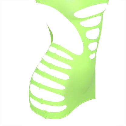Vestito elastico a rete verde SUBBLIME DRESSES con maniche lunghe, taglia unica, tessuto stretch e design aderente.