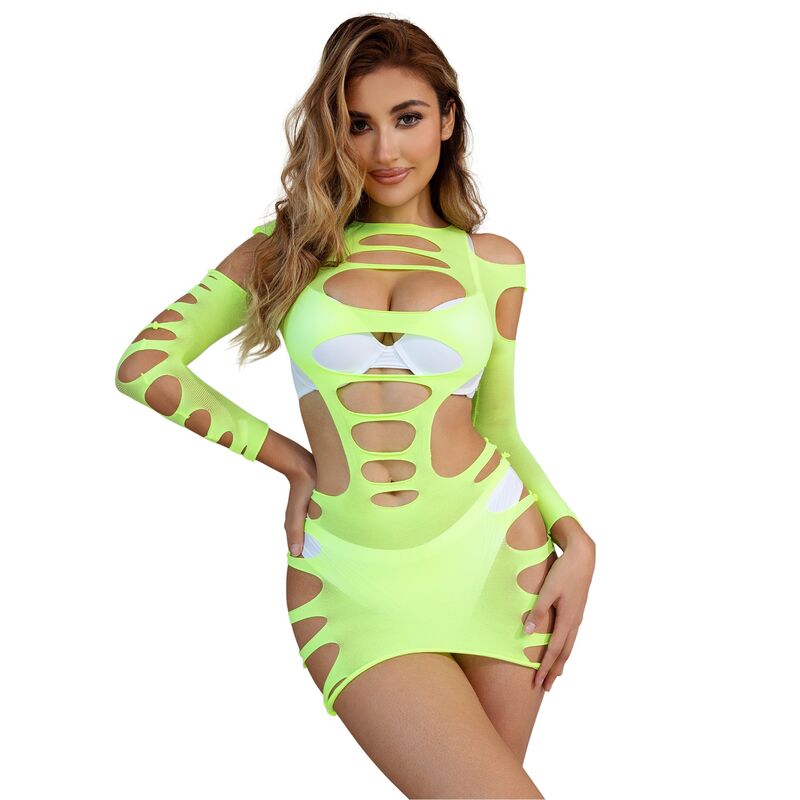 Vestito elasticizzato a rete verde SUBBLIME DRESSES con maniche lunghe, taglia unica, visibile in dettaglio nell'immagine.