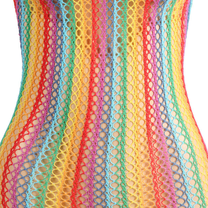 Vestito a rete arcobaleno SUBBLIME DRESSES, taglia unica, con motivo colorato e trasparente, indossato su sfondo neutro.