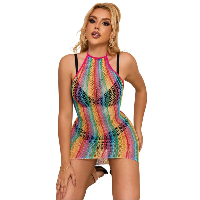 Vestito a rete arcobaleno SUBBLIME DRESSES, taglia unica, con dettagli colorati e design leggero, visibile in primo piano.