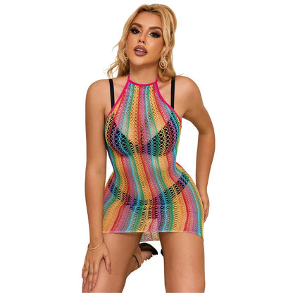 Vestito a rete arcobaleno SUBBLIME DRESSES, taglia unica, con dettagli colorati e design leggero, visibile in primo piano.