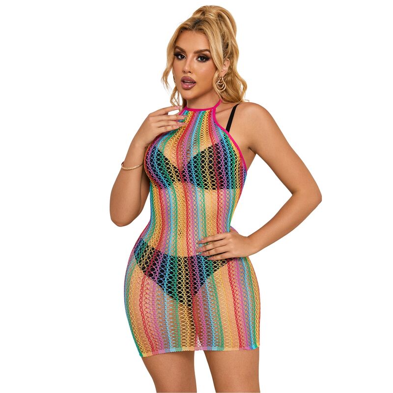 Vestito a rete arcobaleno SUBBLIME DRESSES, taglia unica, con motivo colorato e design leggero, visibile in primo piano.