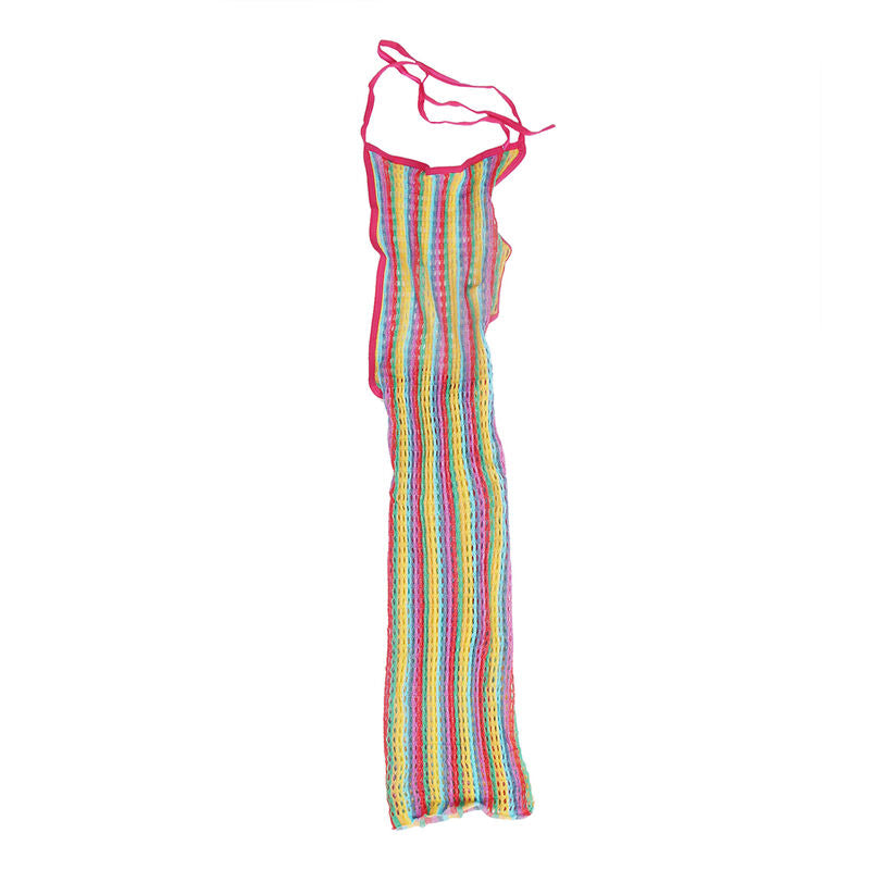 Vestito a rete arcobaleno SUBBLIME DRESSES, taglia unica, con motivo colorato e dettagli trasparenti, indossato su modella.