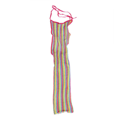 Vestito a rete arcobaleno SUBBLIME DRESSES, taglia unica, con motivo colorato e dettagli trasparenti, indossato su modella.
