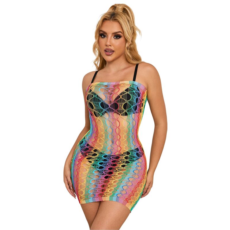 Vestito a rete SUBBLIME con spalle nude, arcobaleno, taglia unica, abbigliamento estivo e trendy, vista frontale.