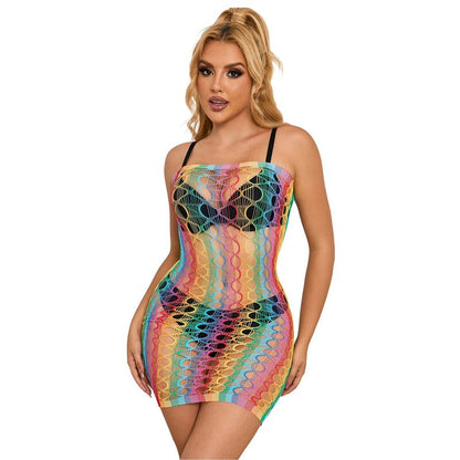 Vestito a rete SUBBLIME con spalle nude, arcobaleno, taglia unica, abbigliamento estivo e trendy, vista frontale.