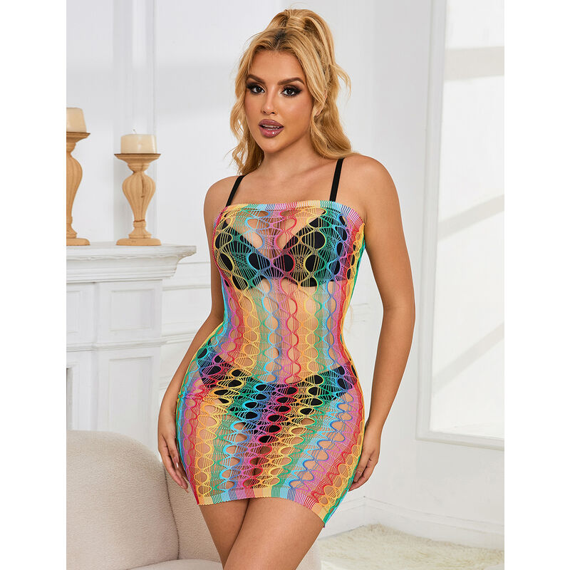 Vestito a rete SUBBLIME DRESSES con spalle nude e motivo arcobaleno, taglia unica, indossato con dettagli alla moda.