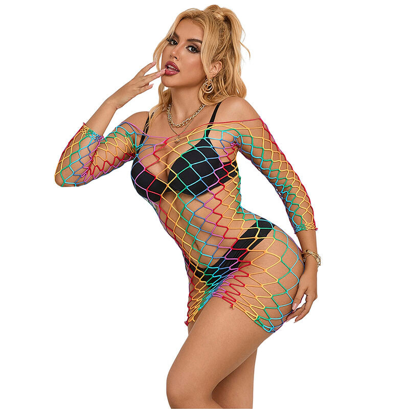Vestito a rete a maniche lunghe SUBBLIME DRESSES con motivo arcobaleno, taglia unica, visibile nel dettaglio dell'immagine.