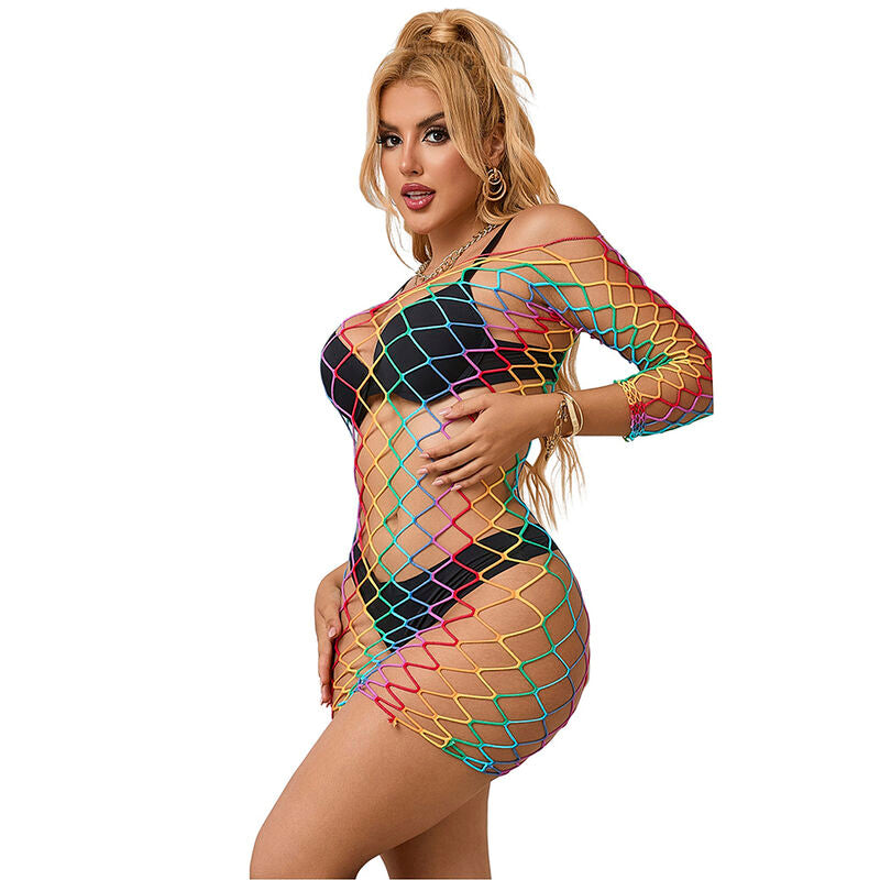 Vestito a rete a manica lunga SUBBLIME DRESSES con motivo arcobaleno, taglia unica, visibile in dettaglio sulla modella.