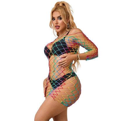 Vestito a rete a manica lunga SUBBLIME DRESSES con motivo arcobaleno, taglia unica, visibile in dettaglio sulla modella.