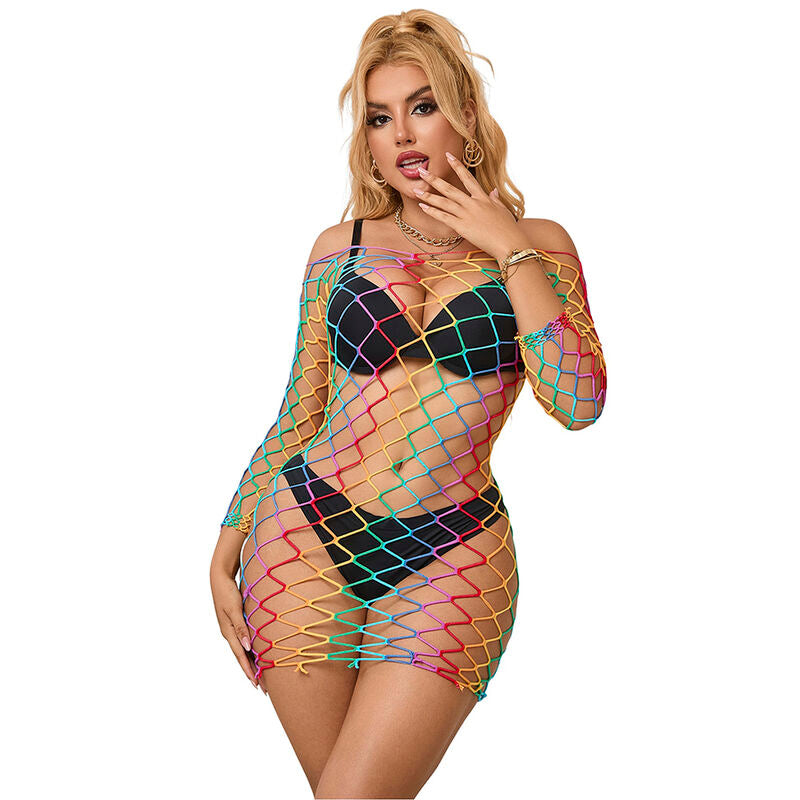 Vestito a rete a maniche lunghe SUBBLIME DRESSES con motivo arcobaleno, taglia unica, dettagli trasparenti e design elegante.