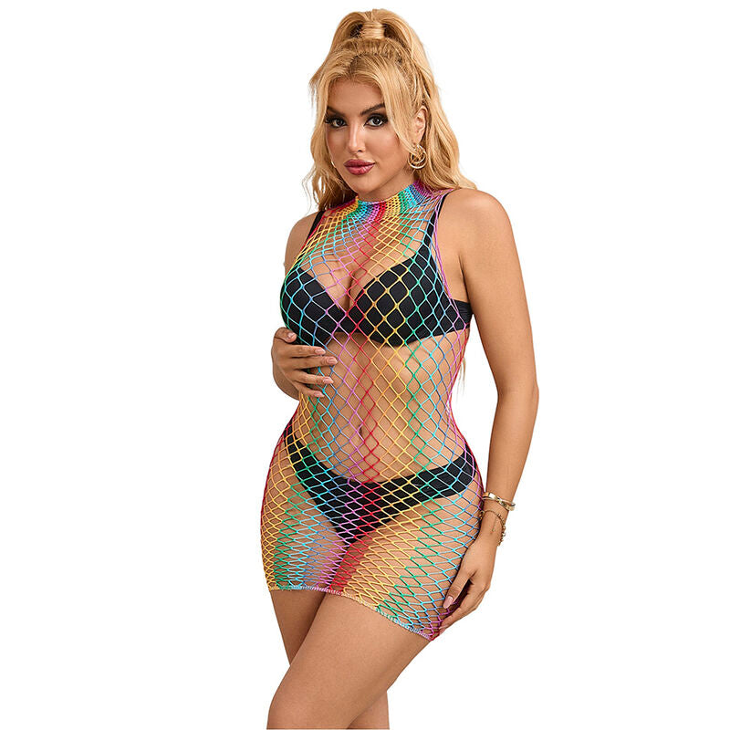 Vestito a rete senza maniche SUBBLIME DRESSES con collo alto e motivo arcobaleno, taglia unica, vista frontale.