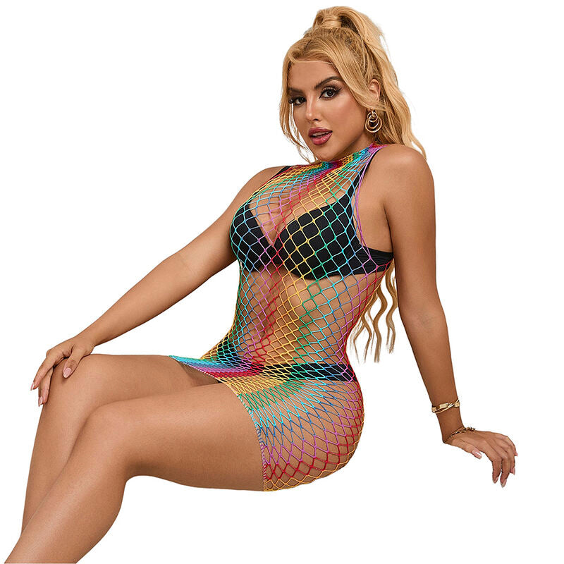 Vestito a rete senza maniche SUBBLIME DRESSES con collo alto e motivo arcobaleno, taglia unica, visibile in primo piano