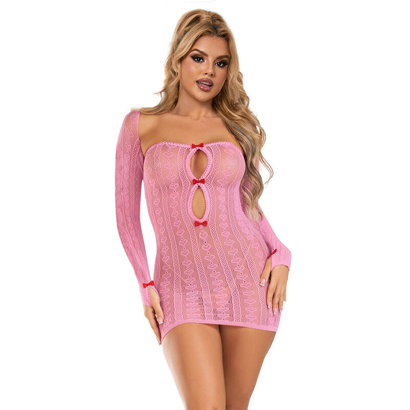 Vestito a rete rosa SUBBLIME Dresses, taglia unica, dettagli trasparenti e stile elegante in primo piano.
