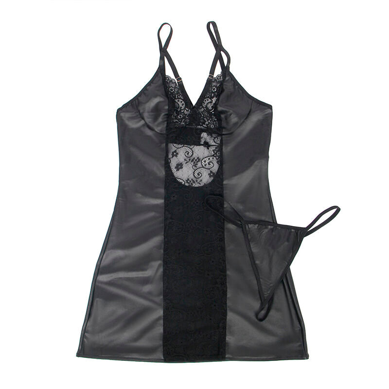 Vestito nero in pelle SUBBLIME con perizoma abbinato, taglia S/M, stile elegante e sensuale, dettagli in pelle lucida.