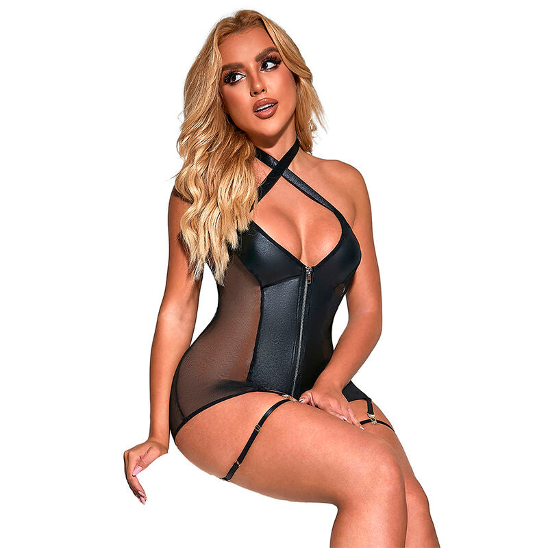 Abito sexy in rete e pelle nera SUBBLIME DRESSES, taglia S/M, con dettagli trasparenti e aderenti, indossato su modello.