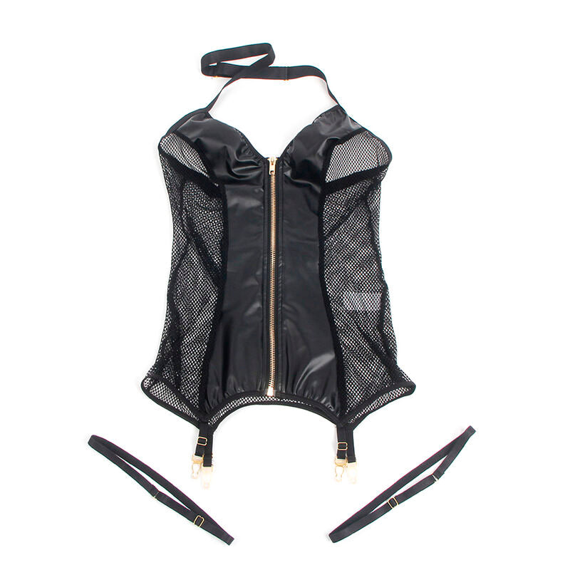 Abito sexy in rete e pelle nera SUBBLIME Dresses, vestibilità S/M, dettaglio in tessuto trasparente e pelle lucida.