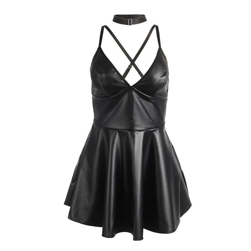 Abito con spalline in pelle nera SUBBLIME DRESSES, taglia S/M, mostra dettagli in pelle e taglio elegante sulla figura femminile.