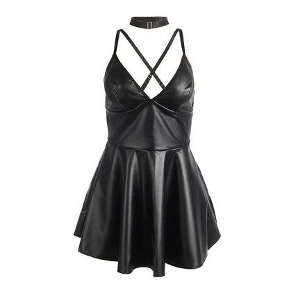 Abito con spalline in pelle nera SUBBLIME DRESSES, taglia S/M, mostra dettagli in pelle e taglio elegante sulla figura femminile.