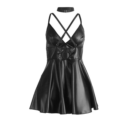 Abito con spalline in pelle nera SUBBLIME DRESSES, taglia S/M, dettaglio elegante e moderno, tessuto lucido e stile sofisticato.