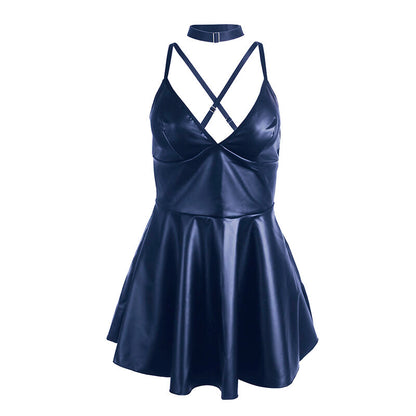 Abito con spalline in pelle blu SUBBLIME DRESSES, taglia L/XL, dettagli eleganti e tessuto raffinato.