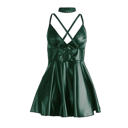 Abito con spalline in pelle verde SUBBLIME DRESSES, modello lungo L/XL, dettagli eleganti e tessuto morbido.