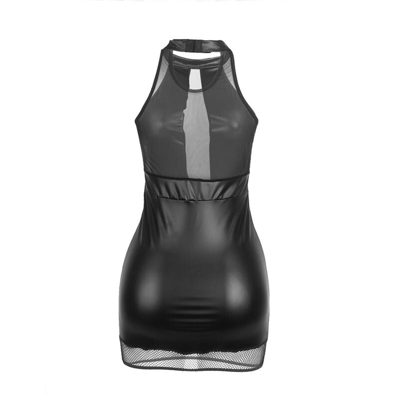 Abito nero SUBBLIME DRESSES con scollo alto e dettagli trasparenti, taglia L/XL, vestibilità elegante e moderna.