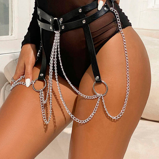 Anello in pelle con catena, cintura nera SUBBLIME FETISH, accessorio in pelle di stile unico, taglia unica, dettagli con catena